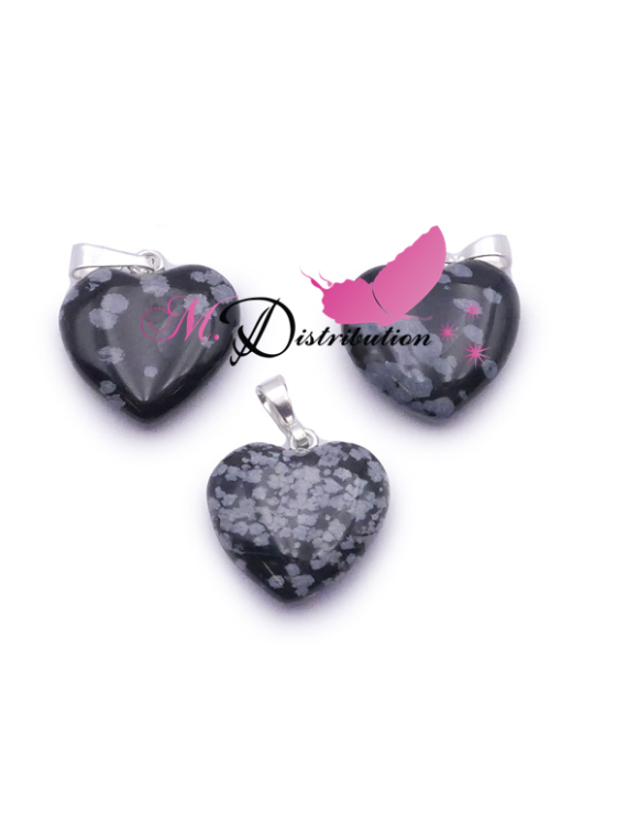 PENDENTIF COEUR 15MM OBSIDIENNE FLOCON DE NEIGE