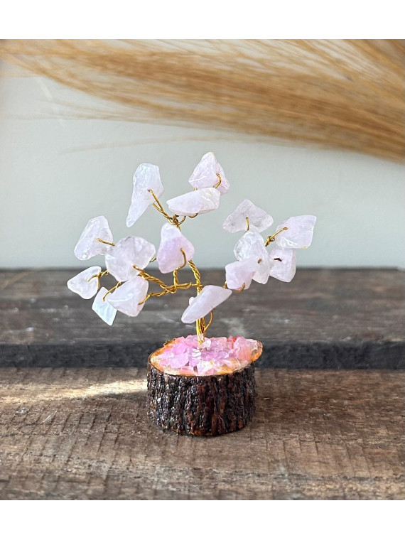 MINI ARBRE GEMMES BASE BOIS-QUARTZ ROSE