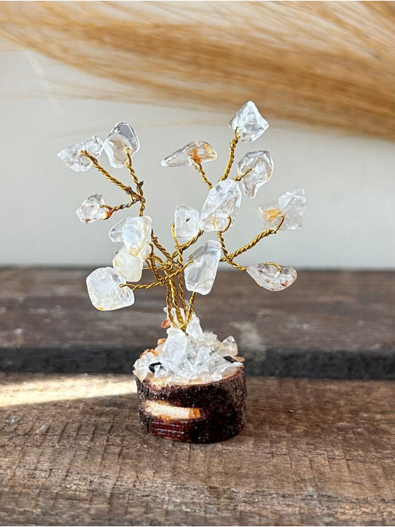 MINI ARBRE GEMMES BASE BOIS-QUARTZ DE ROCHE BLANC