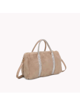 Pochette en fourrure avec poignées en brillant beige