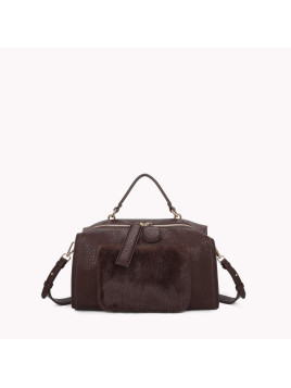 Sac synthétique avec poche externe en fourrure marron