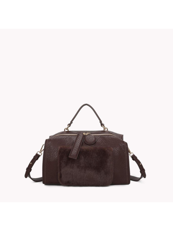 Sac synthétique avec poche externe en fourrure marron