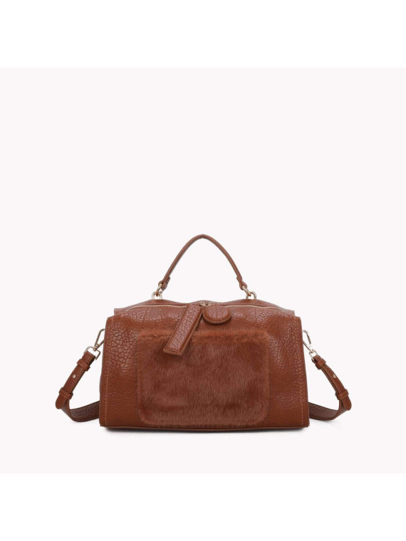 Sac synthétique avec poche externe en fourrure camel