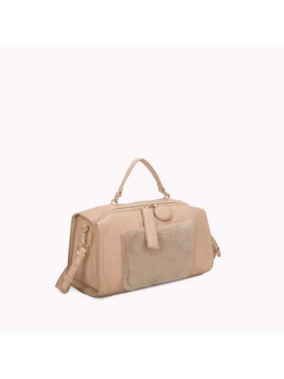 Sac synthétique avec poche externe en fourrure beige