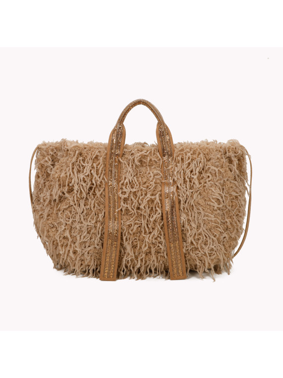 Sac avec paillettes sur les anses et texture plume camel