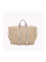 Sac avec paillettes sur les anses et texture plume beige