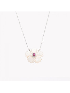 Collier en acier nacre fleur rose