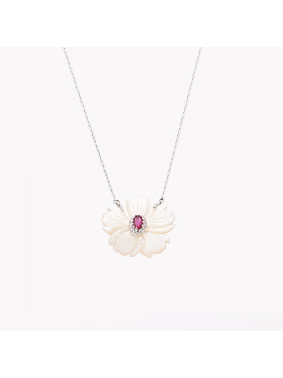 Collier en acier nacre fleur rose