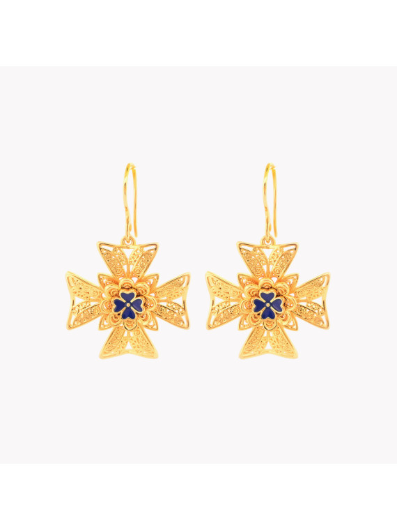 Boucles d'oreilles Encantos Portugal croix de malta bleue